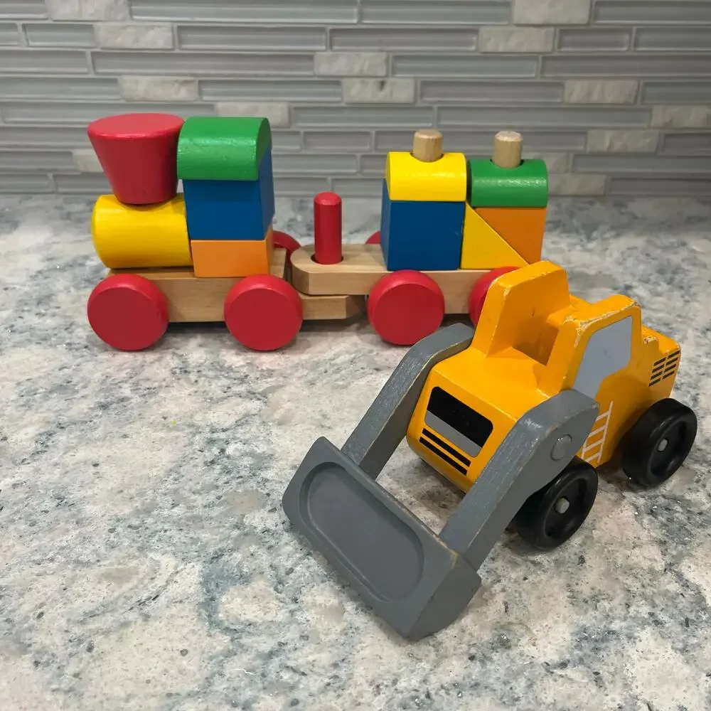 Melissa & Doug Wooden Stacking Train 12pc Set & Construction Front Loader Toy